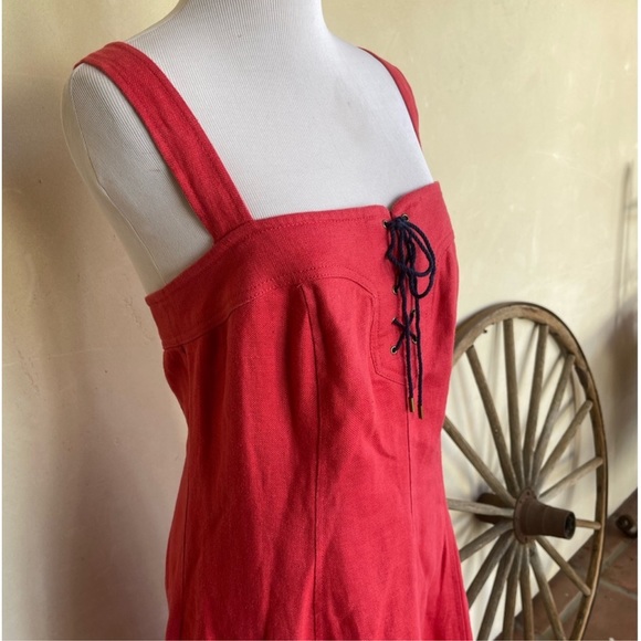 RALPH LAUREN Dress Cranberry Red 100% Linen Pockets Navy Lace-Up Zipper 10 NEW! - Picture 10 of 12